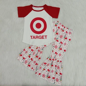 

RTS Dropshipping short sleeve shirt top red color bell bottom pants sets baby girls boutique store summer wear target outfits