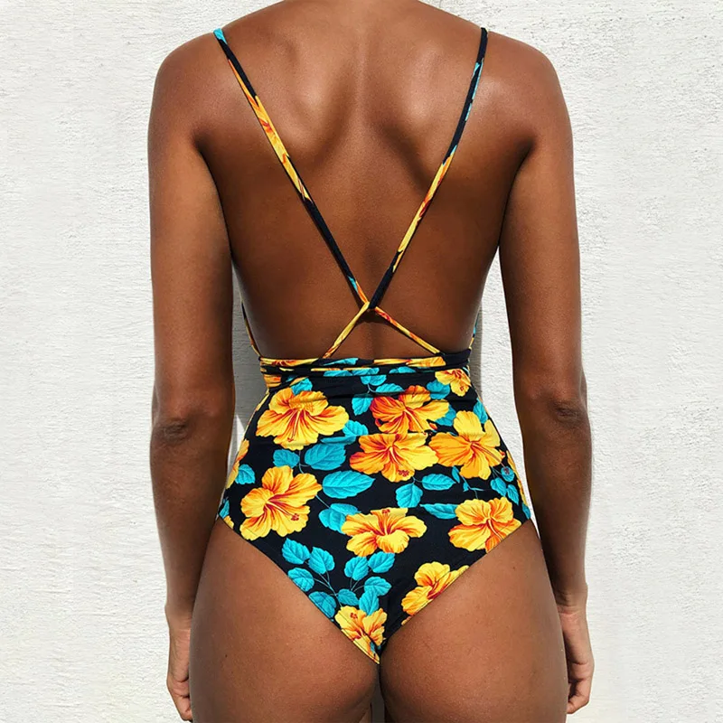 2020 New Women Sexy Print Brazilian One Piece Swimsuit Floral Retro Thong High Waist Bodysuit Backless High Cut Bikini
