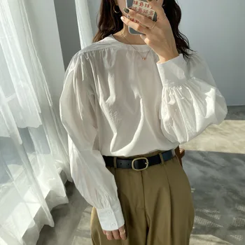 

Spring Street Style Casual Lantern Sleeve Blouse Women Shirts Temperament Lady O Neck Cotton White Tops Designer Chic Clothes