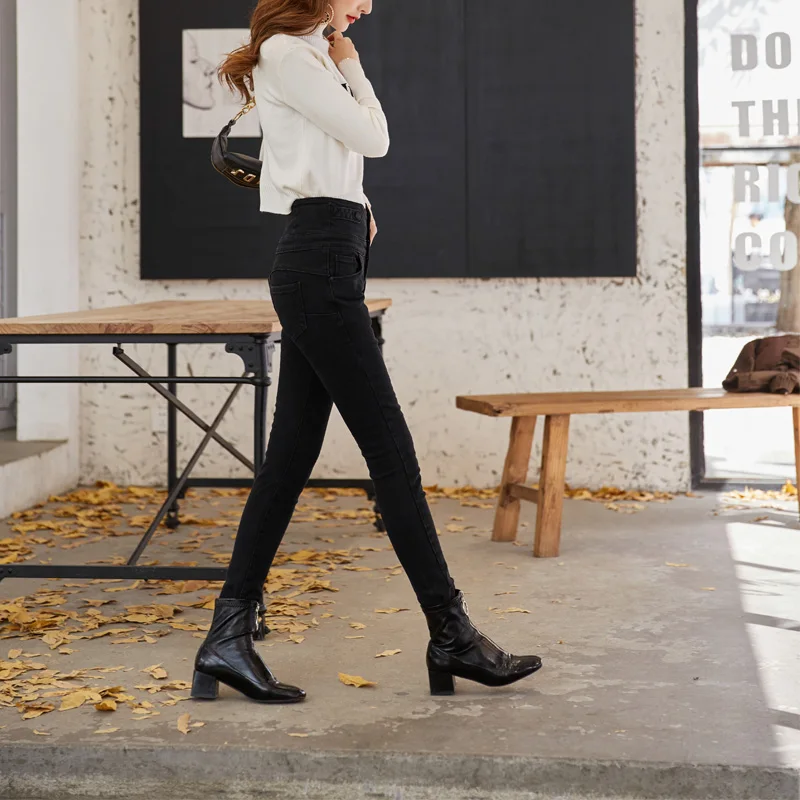 Autumn jeans female casual solid color decorative buttons Slim jeans
