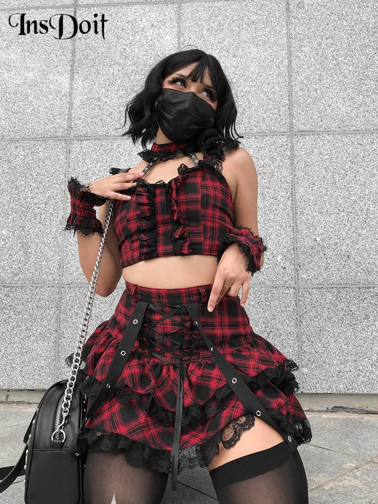 InsDoit Gothic Plaid Lace Up Y2K Skirt Top Suit Women Sexy Lace Crop Top High Waist Mini Skirts Streetwear Punk Grunge 2pcs Sets 2023 summer 2 piece gothic y2k two pieces set women plaid crop top high waist mini skirt punk streetwear skirts sets female