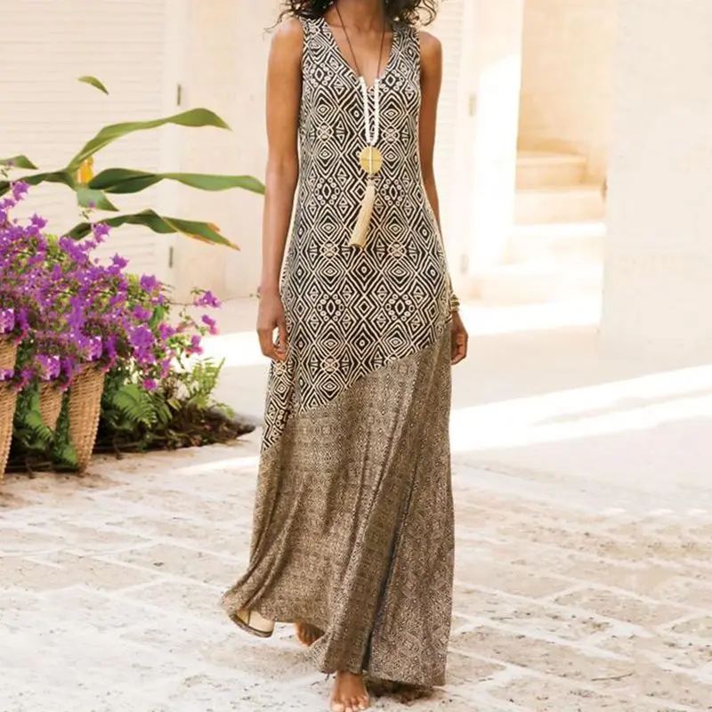 

Bohemian Print A Line Dress Plus Size Sleeveless V-Neck Casual Maxi Dress Women Five Color Sexy Elegant Dresses
