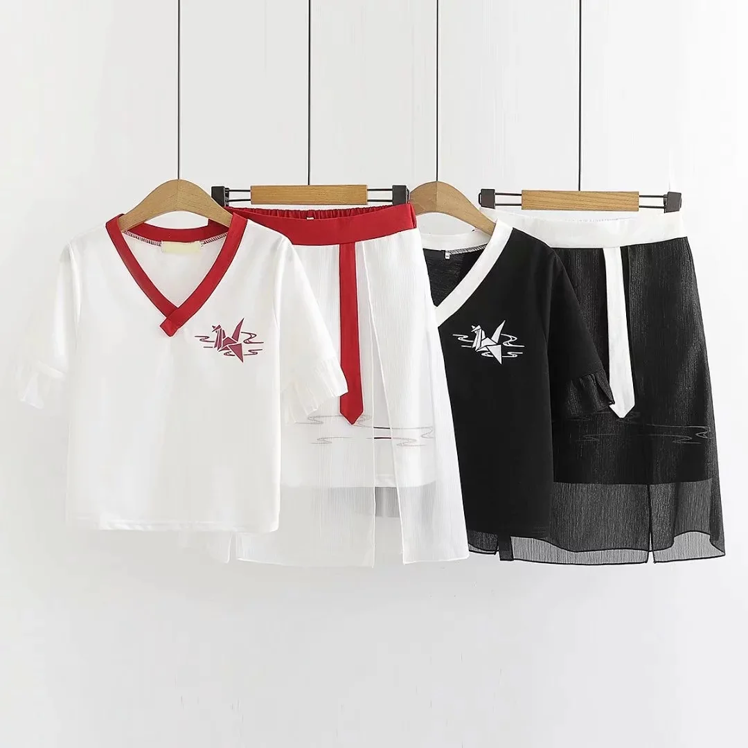 

2019 Summer New Style Versatile Sweet Artistic Waist Hugging Mixed Colors Paper Cranes Printed Short Sleeve T-shirt WOMEN'S Suit