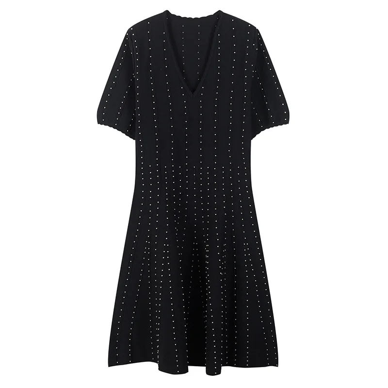 Tunjuefs Slim Fit v-образным вырезом с коротким рукавом платье женское Vestido вязаный пуловер с бусинами элегантное облегающее платье Летний джемпер Повседневный