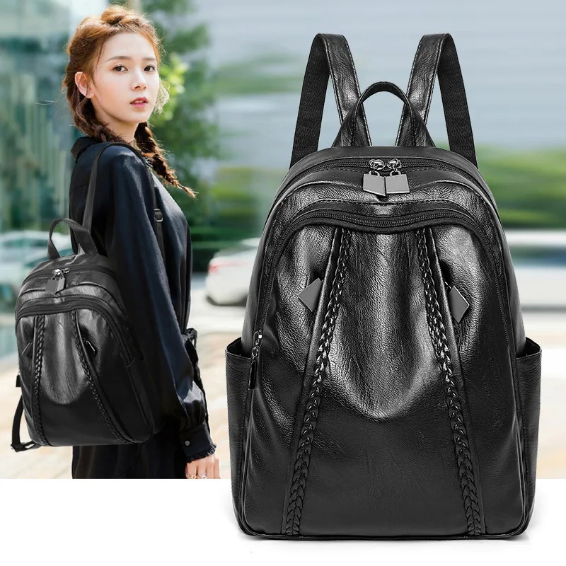 Bag women 2020 new bag sheepskin backpack European and American fashion soft leather double backpack Bag women 2020 new bag sheepskin backpack European and American fashion soft leather double backpack