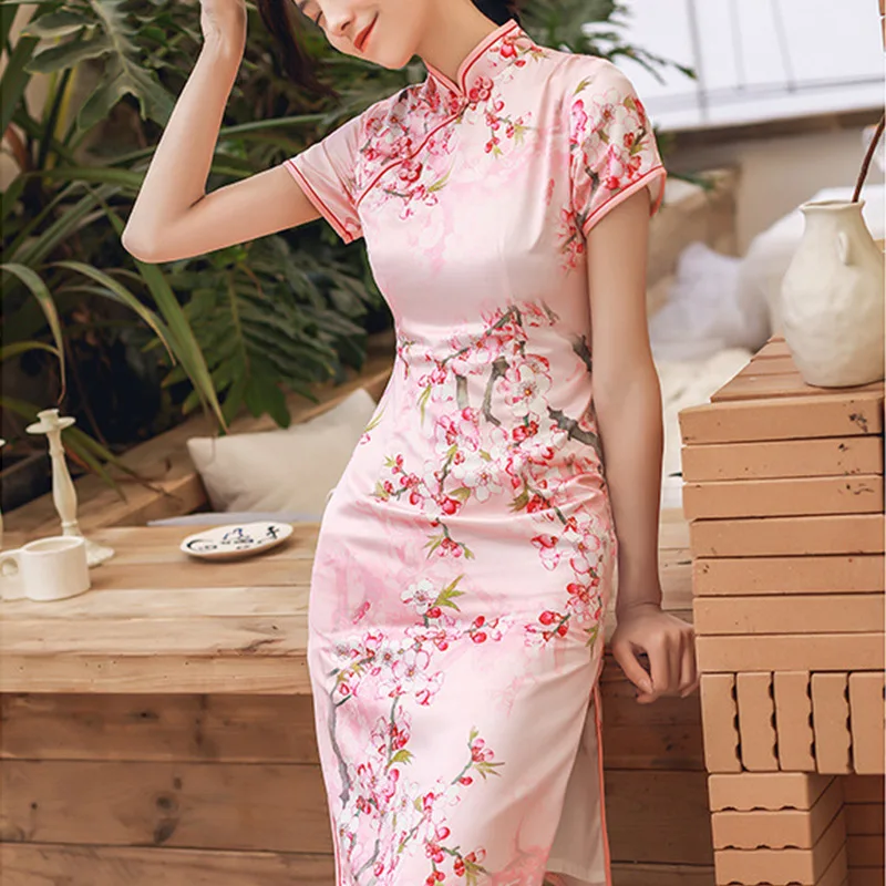 

spring And Summer New Elegent Simulation Silk Printing Women Short Sleeve Dressese Youny Girl Temperament Cheongsam Dress