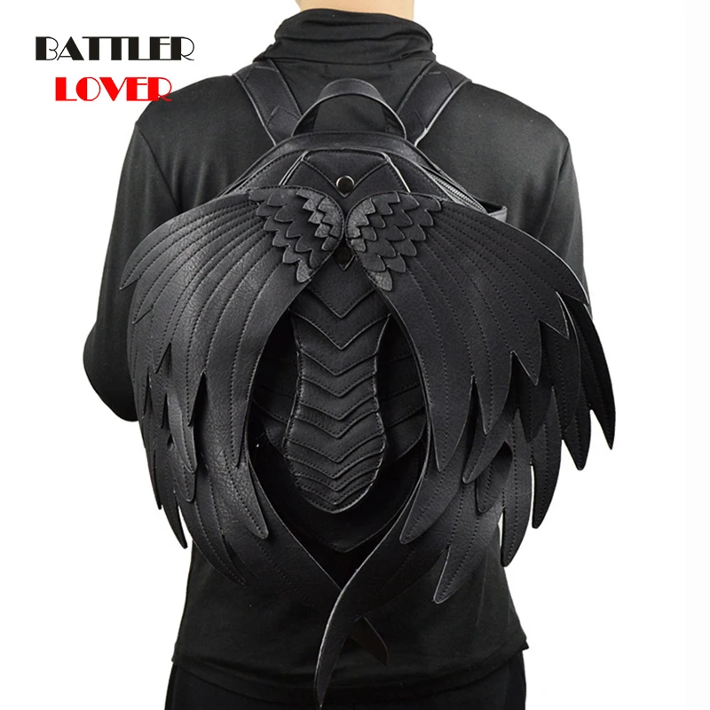 Punk Angel Wing Backpack for Men Women Gothic Black Leather Devil Backpacks Vintage Male Steampunk School Bag Vampire Retro Bags