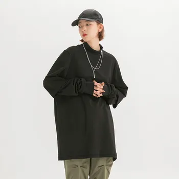 

Male Women Couple High Street Hip Hop Loose Tee Shirt Men Splice Long Sleeve Casual Turtleneck T-shirt