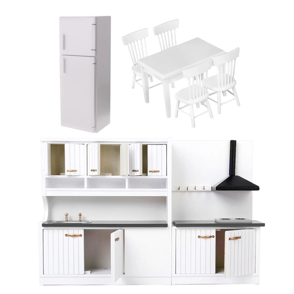1:12 Dolls House Miniatures Kitchen White Furniture Set Decor Fridge Freezer Table Chairs Toy