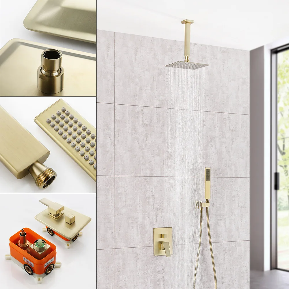 

Golden Brushed Rainfall Showerhead 8 Inch Ultra-thin Showe Faucet Sets Hot Cold Mixer Bathroom Ceiling Showers 304SUS
