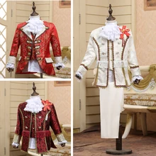 （Jacket+vest+pants+tie）Vintage Red Palace Child Suit Set Stage Drama Performance Costume Party Court Dress kid Suits Blazer