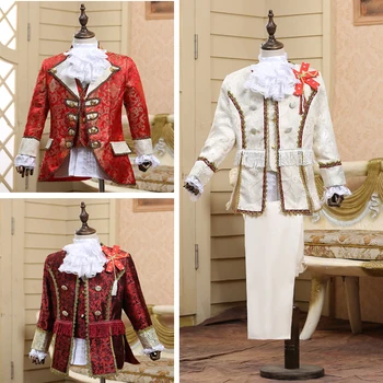 

（Jacket+vest+pants+tie）Vintage Red Palace Child Suit Set Stage Drama Performance Costume Party Court Dress kid Suits Blazer
