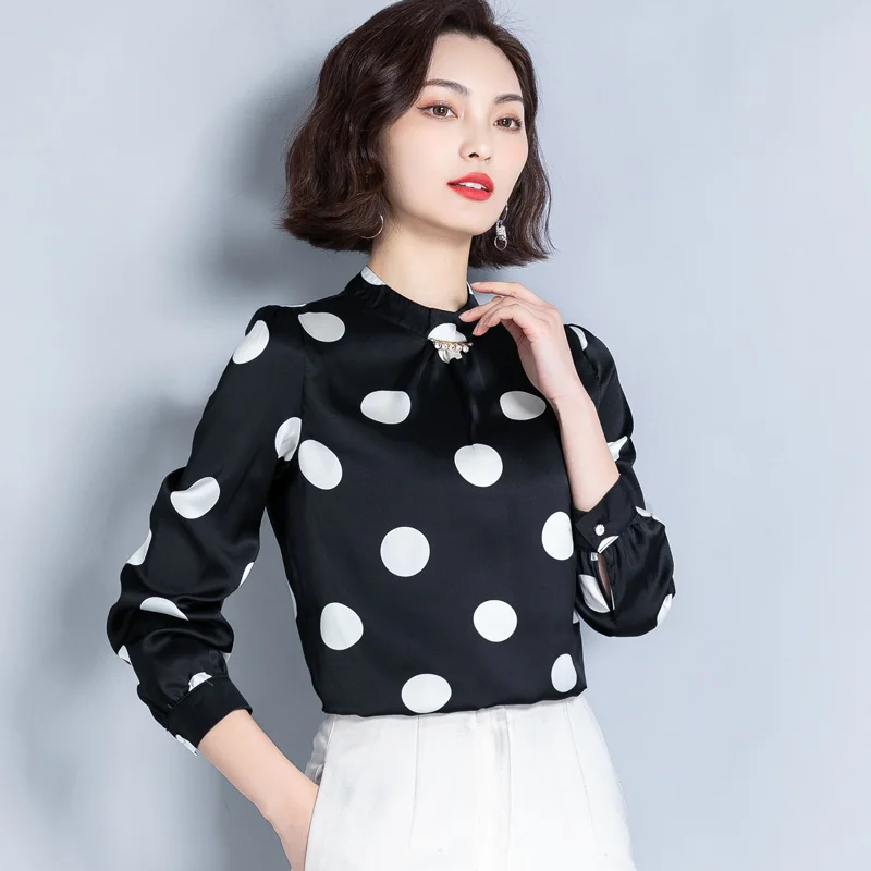 Korean Silk Blouses Women Polka Dot Satin Blouse Vintage Shirt Plus Size Woman Long Sleeve Print Shirt Blusas Femininas Elegante