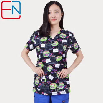 

Hennar Medical Uniforms Women Scrub Top V-Neck Black Print 100% Cotton Hospital Clinical Surgical Scrubs Top For Women XXS-XXXL