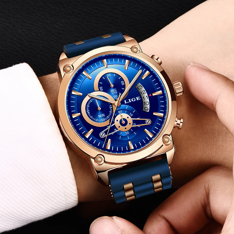 LIGE New Classic Black Mens Watches Top Brand Luxury Watch For Man Military Silicone Waterproof Quartz Clock Relogio Masculino