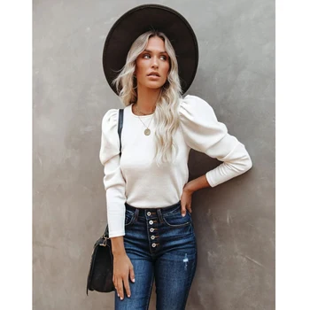 

Women Puff Long Sleeve Round Neck Solid Blouse 2020 Autumn Winter Loose Shirt Elegant Office Lady Rib Casual Pullover Tops