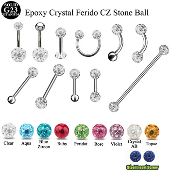 

10Pcs Titanium G23 Epoxy Crystal Ferido CZ Stone Ball Labret Ear Tragus Cartilage Horseshoe Eyebrow Belly Industrial Barbell