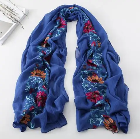 Зимний вышитый шарф из вискозы с цветочным принтом, шаль из индийской банданы, хлопковые шарфы и палантины, мусульманский хиджаб - Цвет: Королевский синий