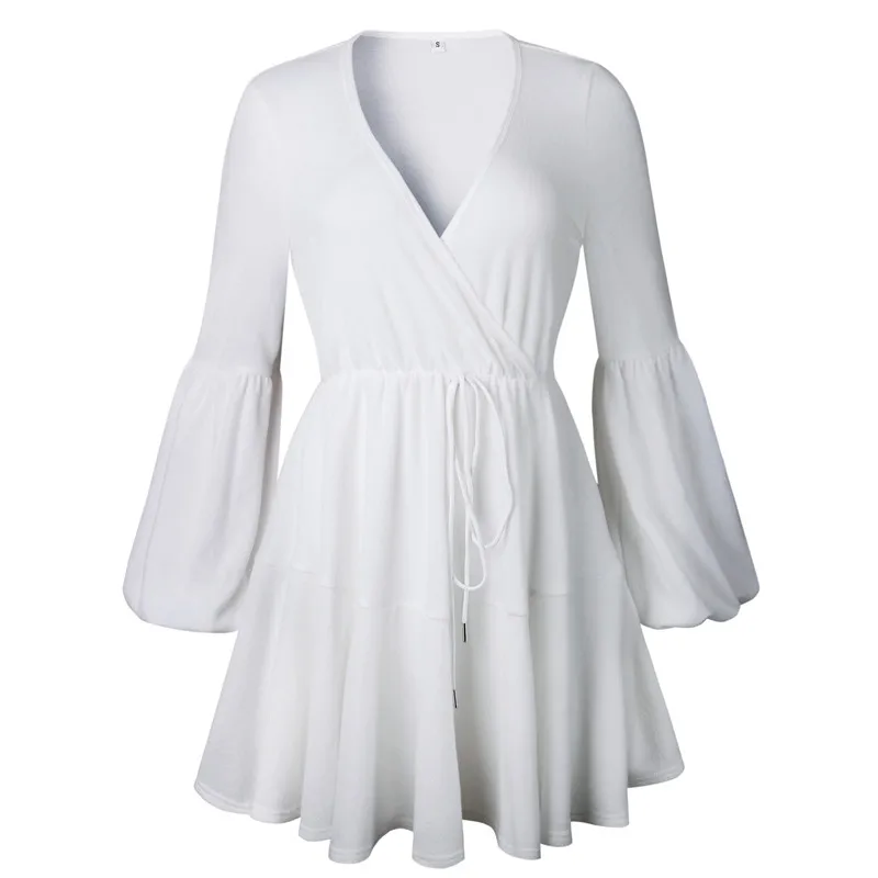 Nadafair/теплое зимнее платье с рукавами-фонариками, Vestidos, туника, а-силуэт, сексуальное, с v-образным вырезом, на шнуровке, повседневное, с оборками, трикотажное платье для женщин