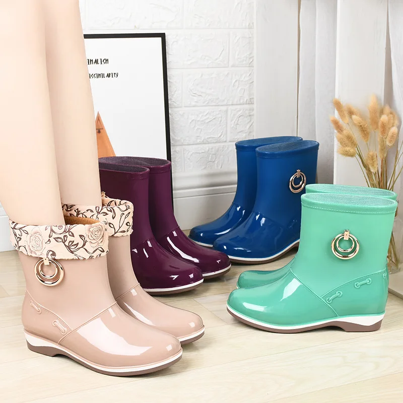 Botas de lluvia impermeables de tacón mujer, zapatos de lluvia de cocina sólidos, con Cubierta acolchada de algodón térmico, zapatos de goma para nieve las cuatro estaciones - AliExpress