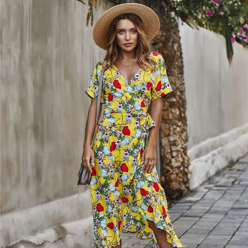 

Summer Boho Beach Dress Women Vintage Floral Print Party Dresses 2020 Elegant Ladies Wrap Midi Dress Vestidos Robe Femme