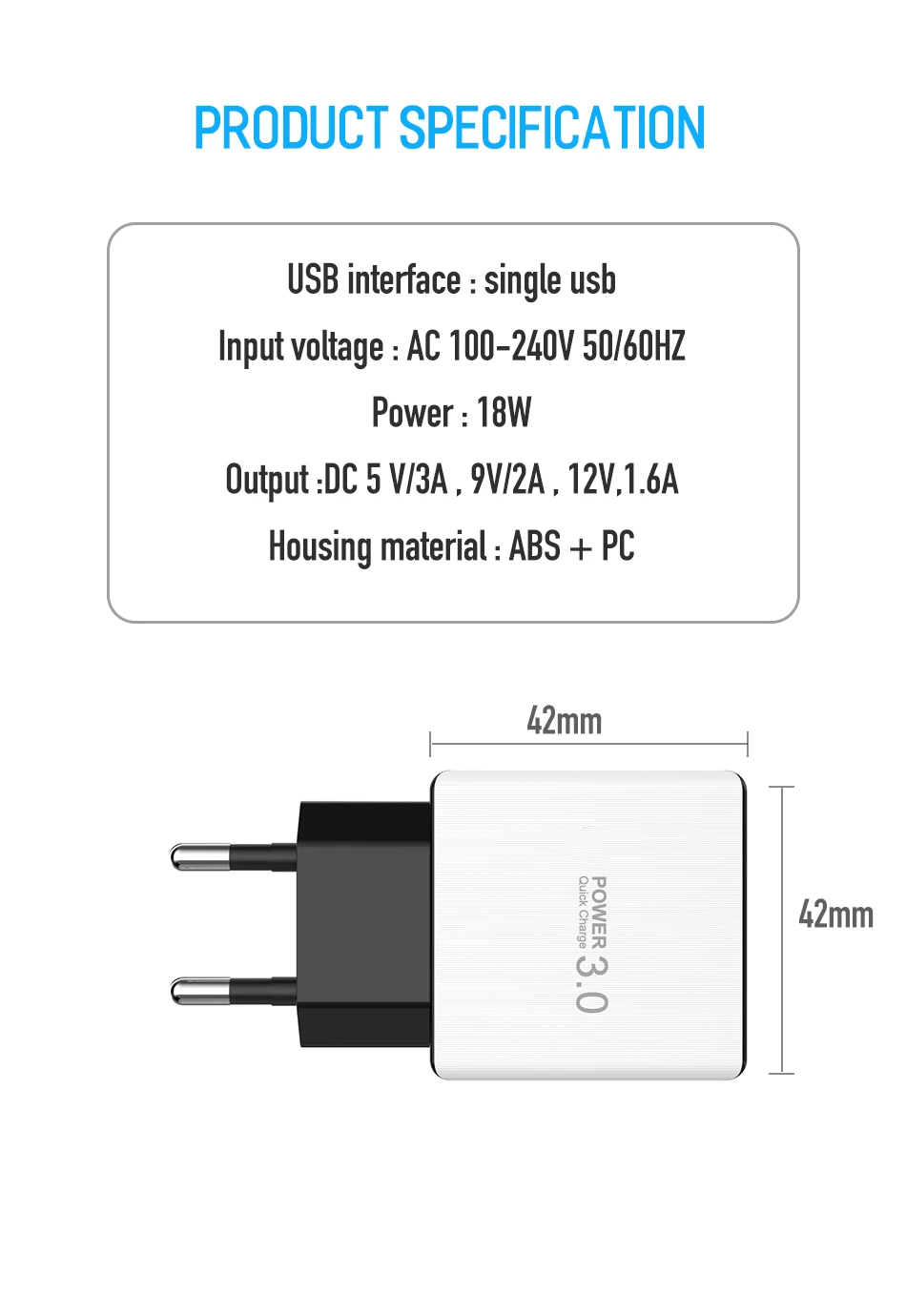 Jellico Quick Charge 3,0 зарядное устройство для мобильного телефона 18 Вт Быстрое USB зарядное устройство QC3.0 FCP универсальное для Xiaomi iPhone samsung huawei EU Plug