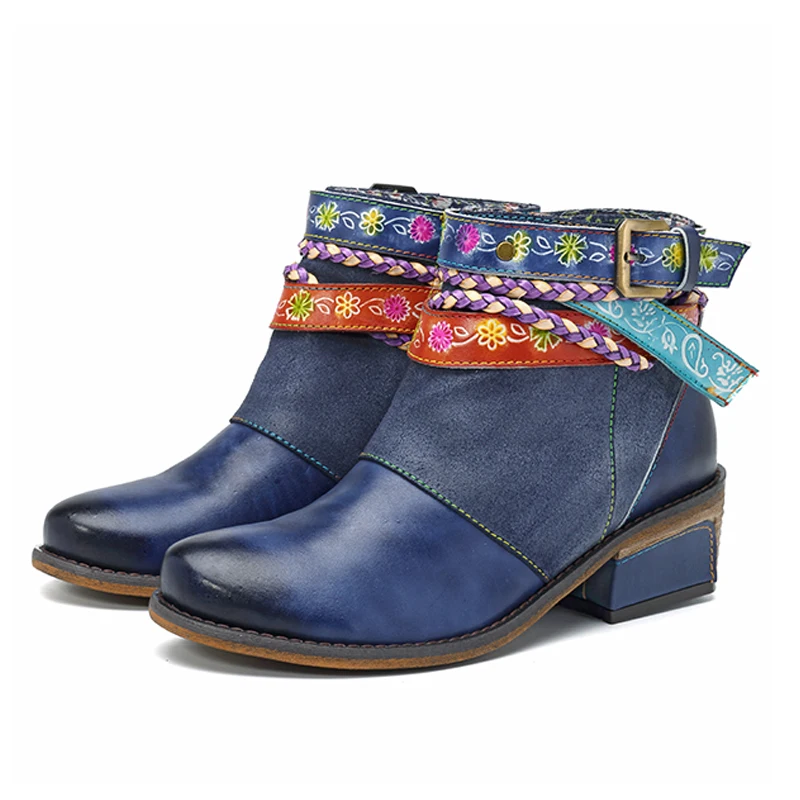 Socofy/женские ботинки из натуральной кожи; винтажные ботильоны в богемном стиле; женская обувь на молнии; женская обувь на низком каблуке; женские осенние ботинки; коллекция года - Цвет: Blue