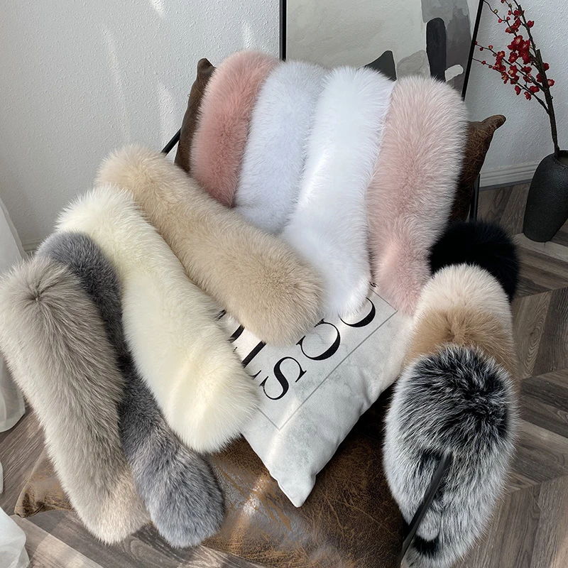 80CM Winter 100% Real Fox Fur Scarf Straight Collar Women's Coat Hat Warm Decoration Trim Natural Fox Scarves Luxury Thick Shawl