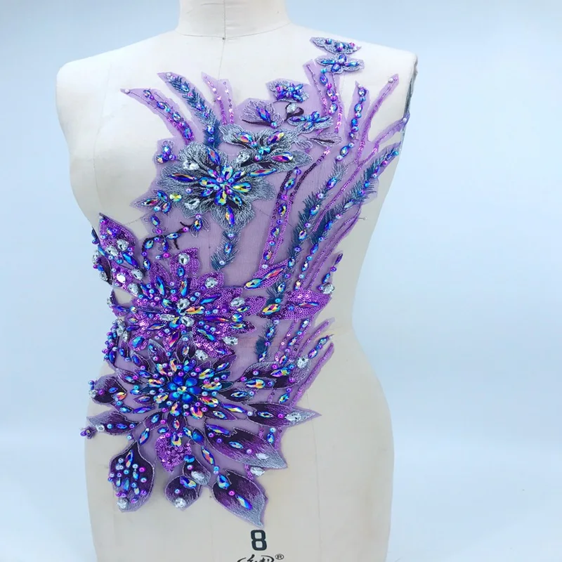 

1 PC 3D Flower Sew on Rhinestones Beads Purple Lace Applique Trim Patches DIY Clothing Accessories Patchwork