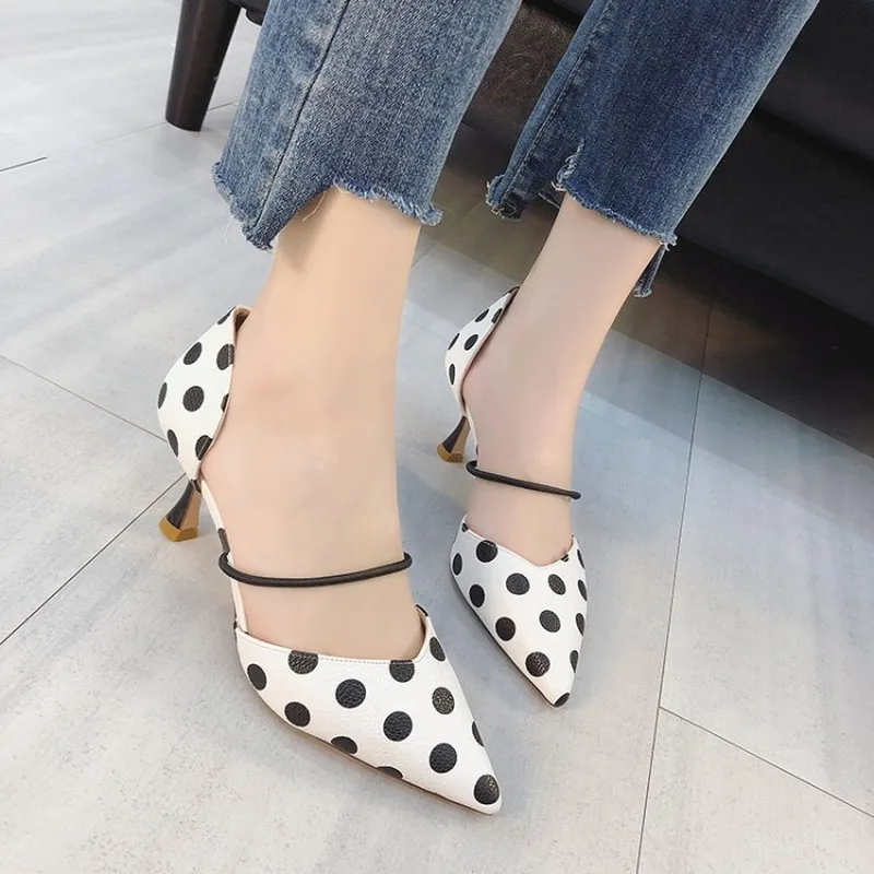

Women fashion Pumps Summer Pointed Toe Polka Dot Female Classic High Heel Comfort Elastic Band Ladies Stilettos Shoes Y21-32