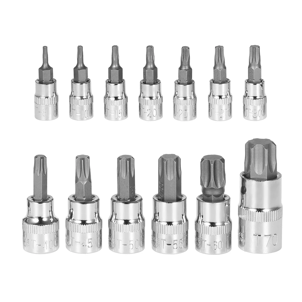 13pcs hand Repair Tools set Chrome Vanadium Steel Torx Bits Sockets Set for Sockets wrench 1/4" 3/8"& 1/2" Drive+ Storage