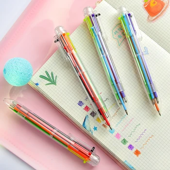 

5 pcs/lot new cartoon multi-color ballpoint pen rainbow pen candy color 6 in 1 Creative student cute pen pressed oil color
