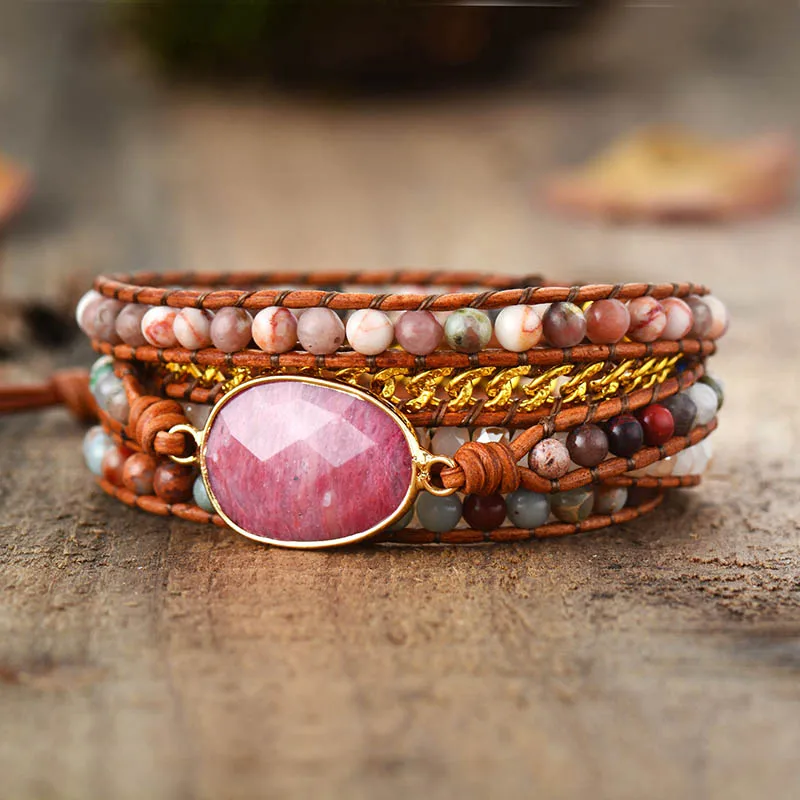 Premium Designer Leather Bracelet Rhodonite Mix Chain 5 Strands Woven Wrap Bracelets Bohemian Charm Bracelets Dropship - Image 3