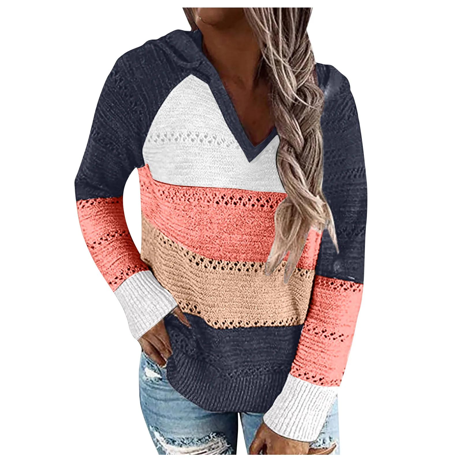 Jersey con capucha de retales para mujer, jersey tejido de manga larga con cuello en V, Jersey a rayas informal, novedad de Otoño de 2020