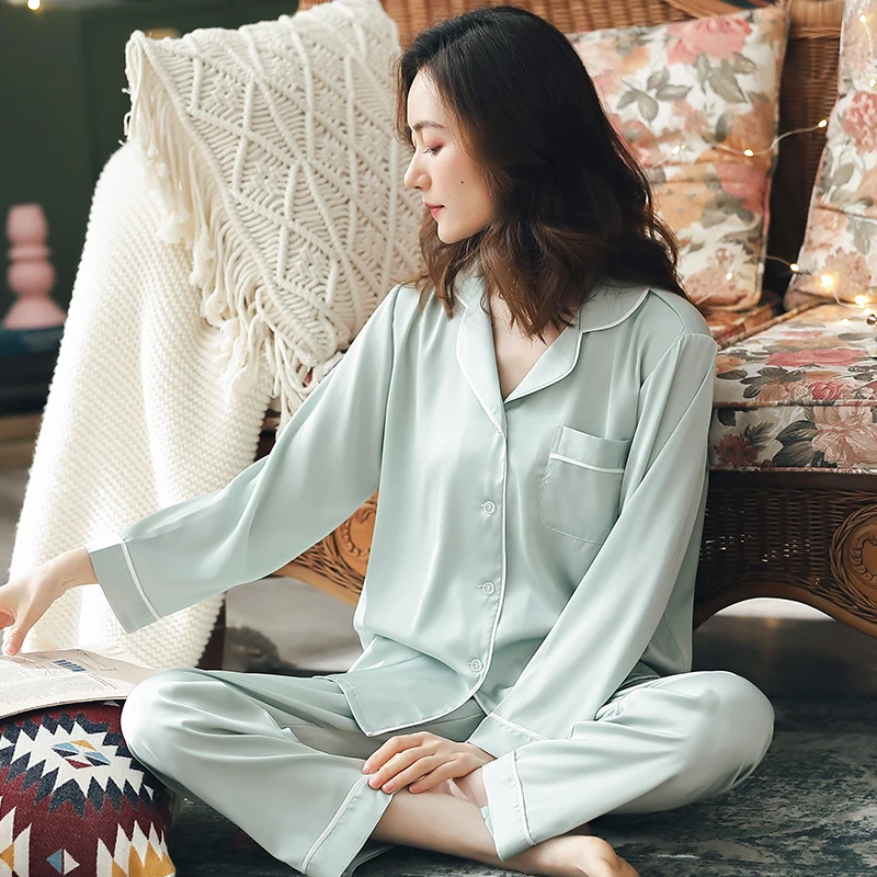 Summer Satin Pajamas Suit for Women Thin Pyjama PJ Set Long Sleeve Sleepwear Nightwear Ice Silk Pijamas Nighties Women