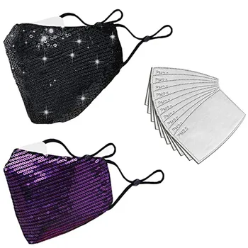 

2pc Masks With 10 Filters Outdoor Masks Washable Reusable Sequined Party Protectors Earloop Cover Safety Breathable Scarf 919
