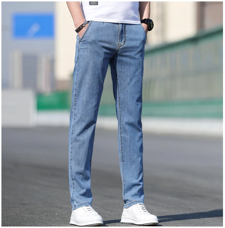 Jeans Moda Casual Stretch Straight-leg Denim Calças Masculinas Marca Azul Claro