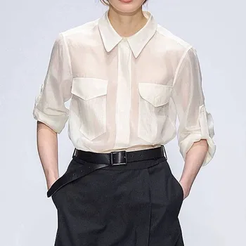 

Silk And Cotton Women' Shirt Early Autumn New 2020 Soft Business OL Lady Blouse Long Sleeve Double Pockets Shirts Top