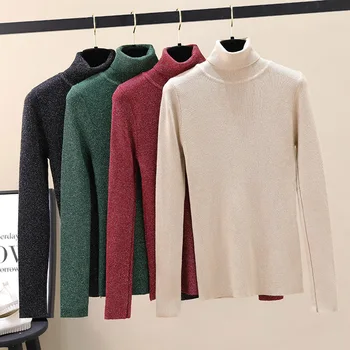 

high neck shiny lurex autumn winter sweater women long sleeve pullover women basic silver sweater women korean knit top female