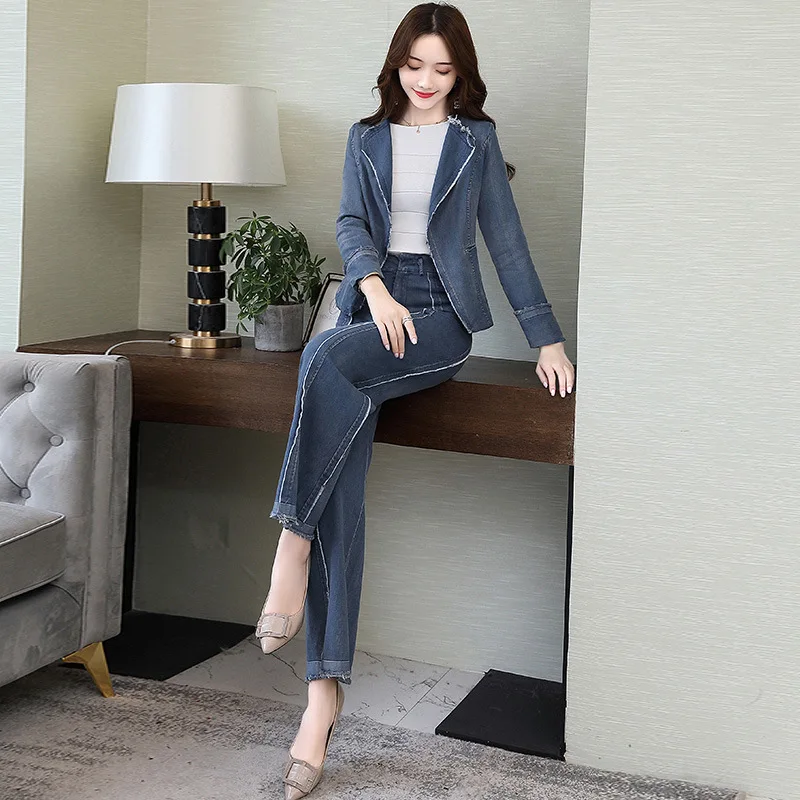 

New Style Autumn Clothing WOMEN'S Suit Career Ol Denim Suit Cropped Jacket Pants