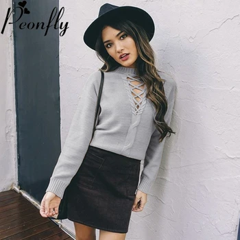 

PEONFLY New 2019 Autumn Winter Sweater Women Sexy Drawstring Solid Color Pullover Casual Slim Fashion Jumper Pull Femme