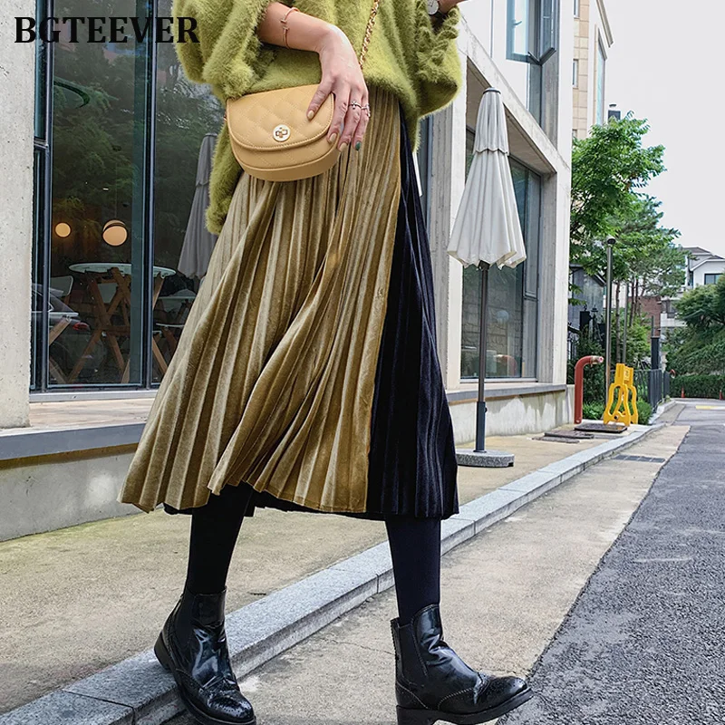 

Fashion Metallic Color Women Pleated Skirt Elastic Waist Patchwork Female A-line Long Skirts 2019 Autumn Winter Thick Skirt