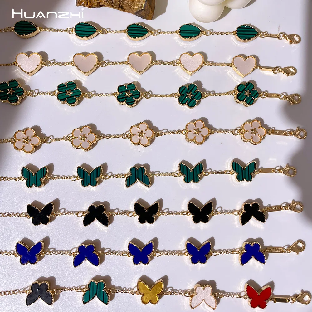 HUANZHI Colorful Butterfly Flower Love Heart Bracelet for Women Waterdrop Link Chain Adjustable Bangle Double Side, beaded bracelet,metal bracelet,crystal bracelet