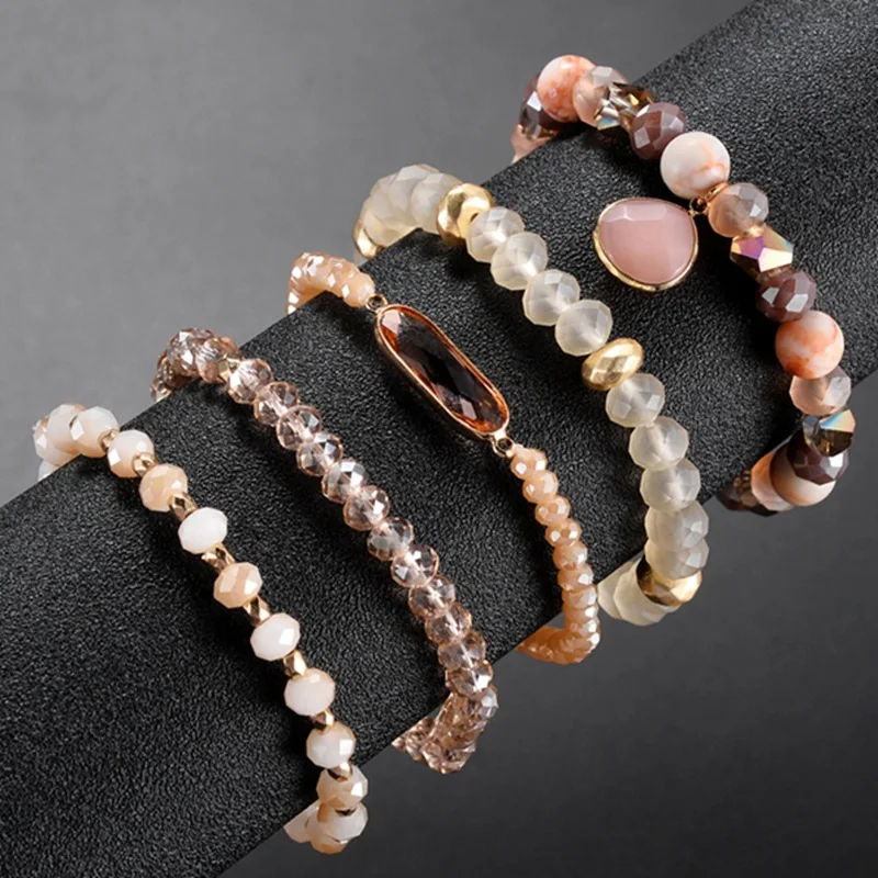 

Bohemian Multilayer Bracelet Bangles Sets Natural 5Pcs Natural Crystal Stone Jewelry Stainless steel Chain For Women No Fade