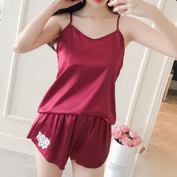 

2020 Women's Sleepwear Sexy Satin Pajama Set Solid V-Neck Pyjamas Sleeveless Cute Cami Top and Shorts