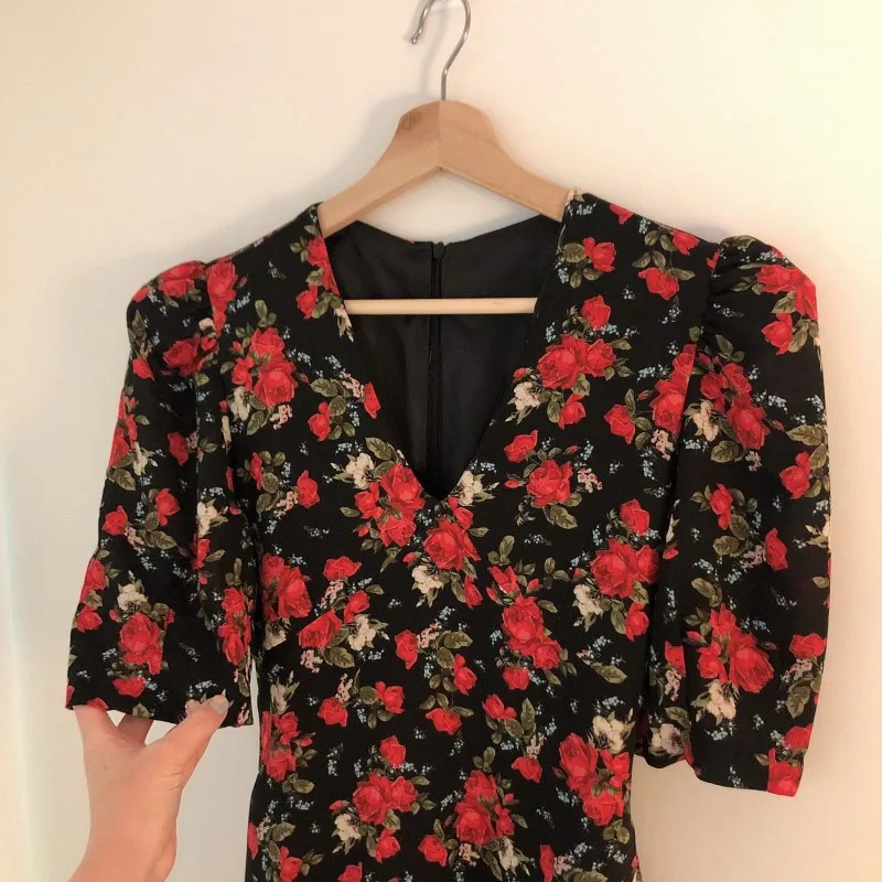 2020 Summer Vintage Floral Women Mini Dress Korean Ruffle Puff Short Sleeve V Neck Dresses Vestidos Feminimo