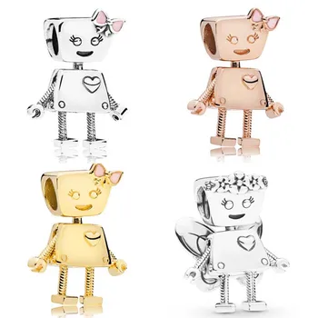 

4 Options Robot Girl Silver 925 Original Charm Beads for Jewelry Making Rose Golden Shine Design Beads for Chain Bracelets DIY
