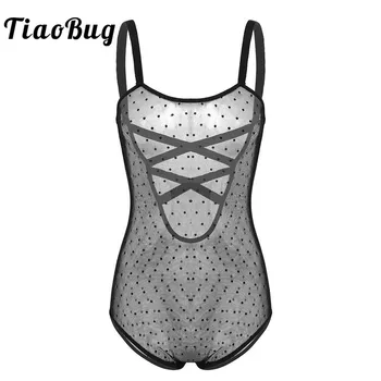 

TiaoBug Women Criss-cross Spaghetti Straps See Through Sheer Dotted Transparent Mesh Bodysuit Fashion Jumpsuit Club Rave Costume
