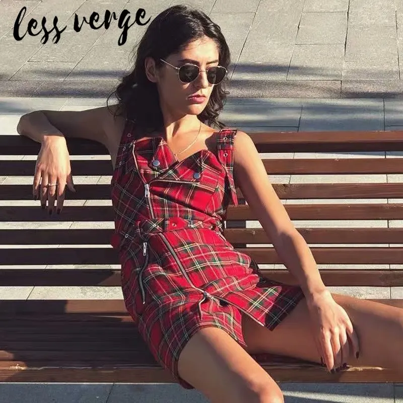 Lessverge, Красное Облегающее Платье в клетку, вечерние, для клуба, сексуальное платье, для женщин, с поясом, на молнии, без рукавов, короткое платье, винтажное Бандажное платье, мини vestidos