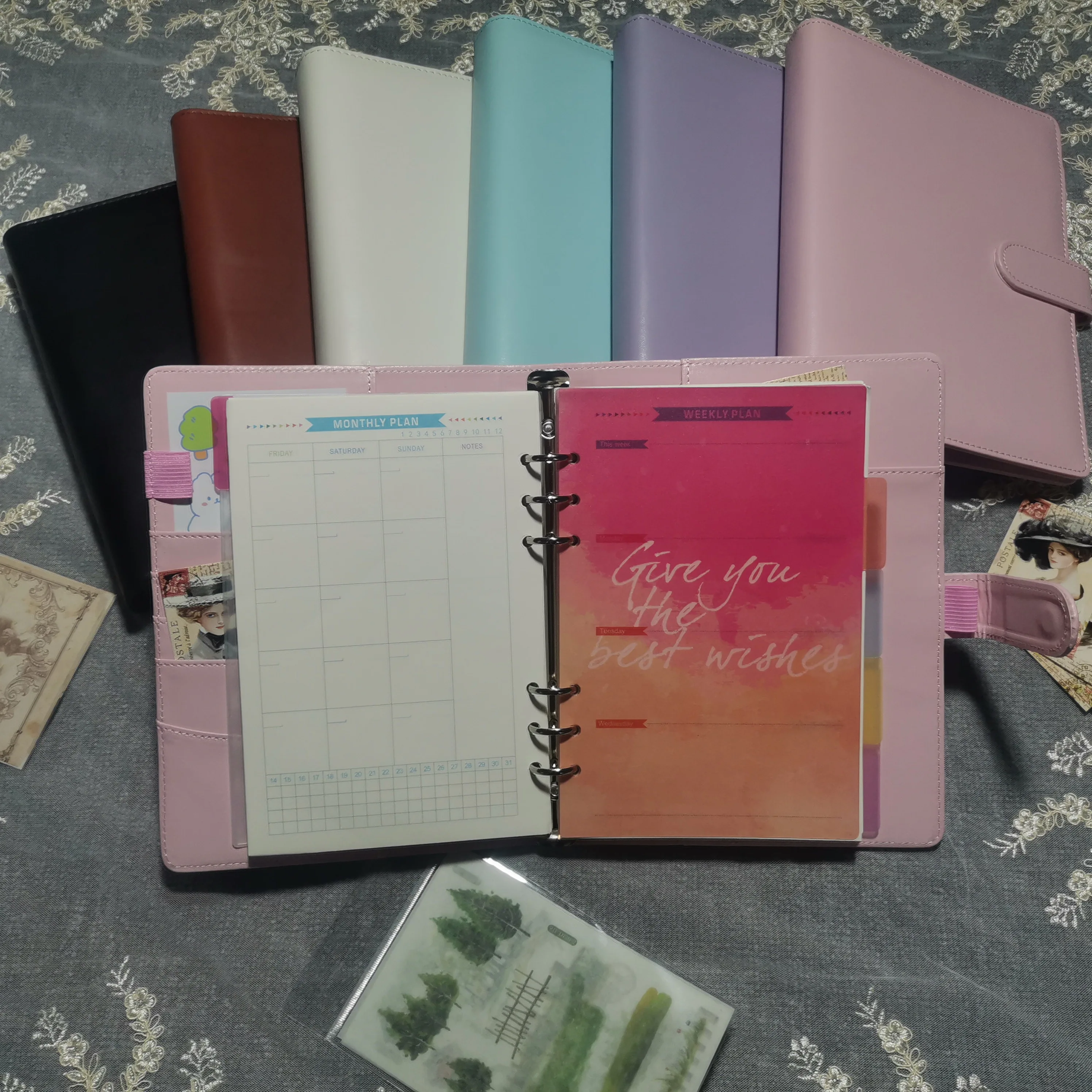 A5 Pu Leather 6 Ring Binder Notebooks Planner Covers Pink Cute Macaron Journal Note Agenda Diary Book Office and School Supplies